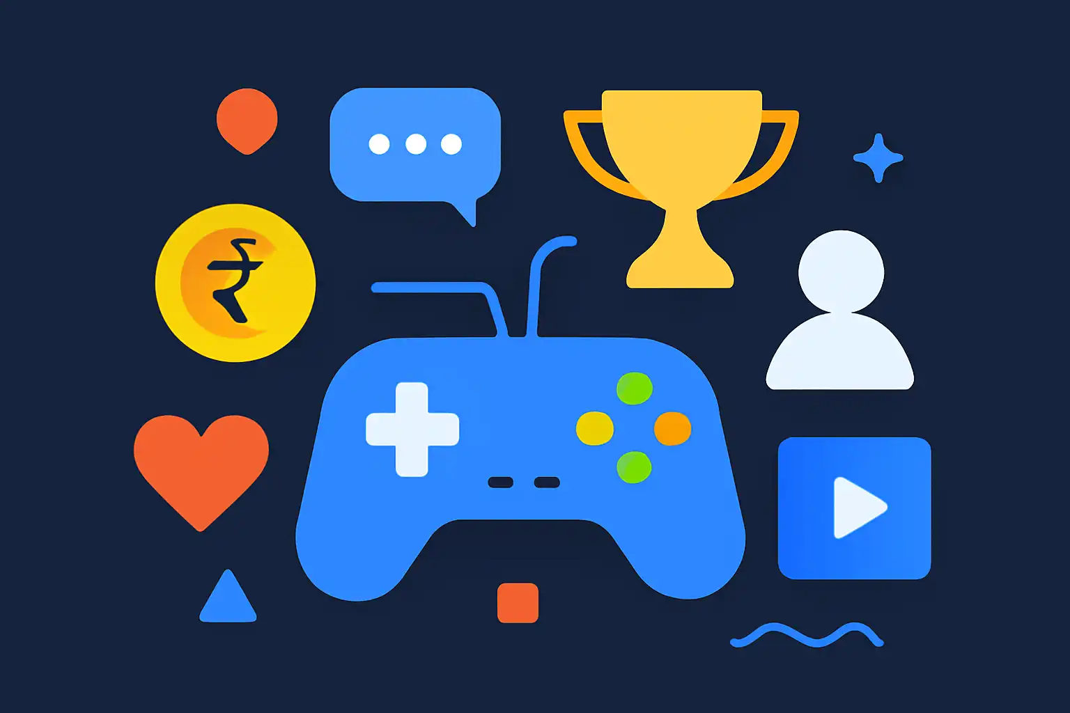 Hero illustration: Goa Games, modern flat design, dark background, brand-neutral, icons and shapes only, no text