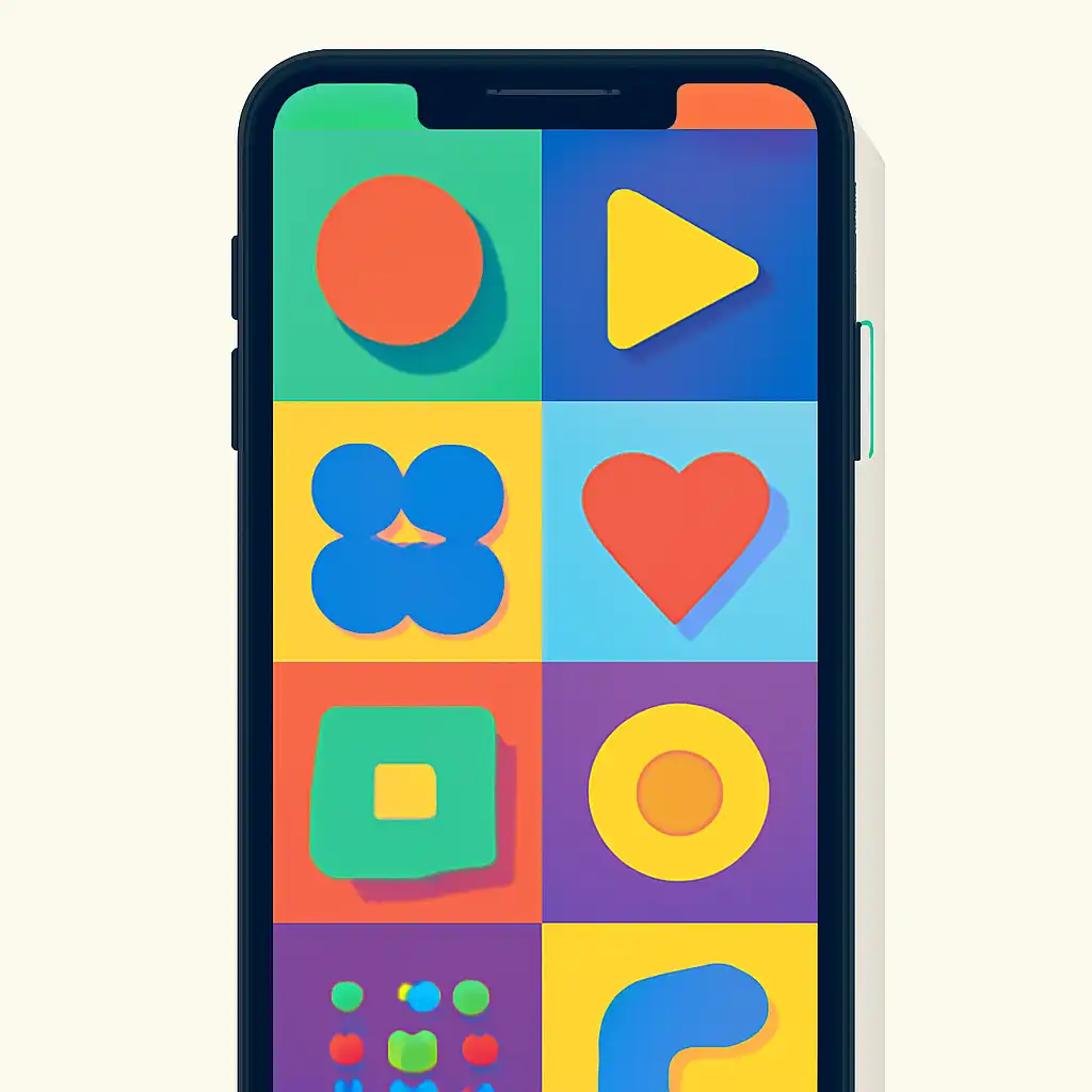 Smartphone shown from the front displaying a colourful flat layout of abstract game icons and rounded tiles (no text, no letters, no labels), Goa Games